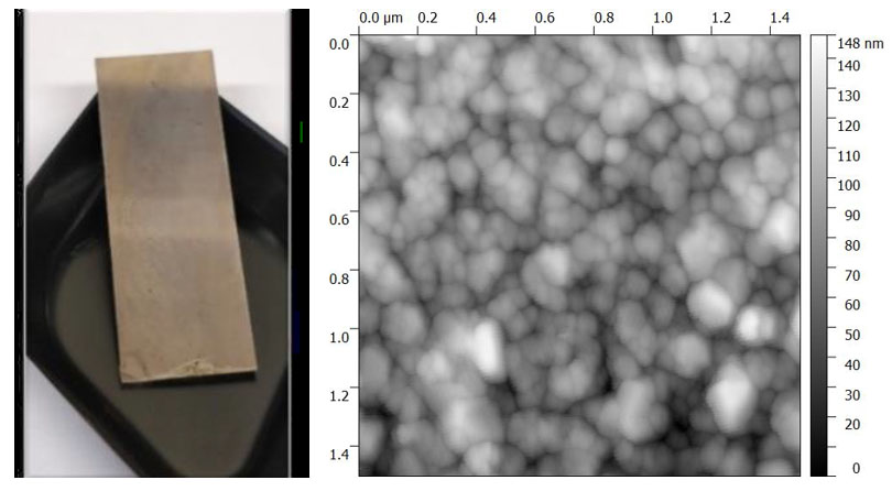 (Left) A sample of a silver nanostructured film, deposited by the electroless technique on a glass plate with dimensions 2.5 x 7.5 cm. (right) A zoom in on the silver nanostructured electroless film at 1.5 µm x 1.5 µm by atomic force microscopy. Credit: Dominique Vouagner