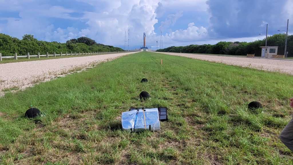 An array of four microphones ready for noise measurements. Credit: Kent Gee