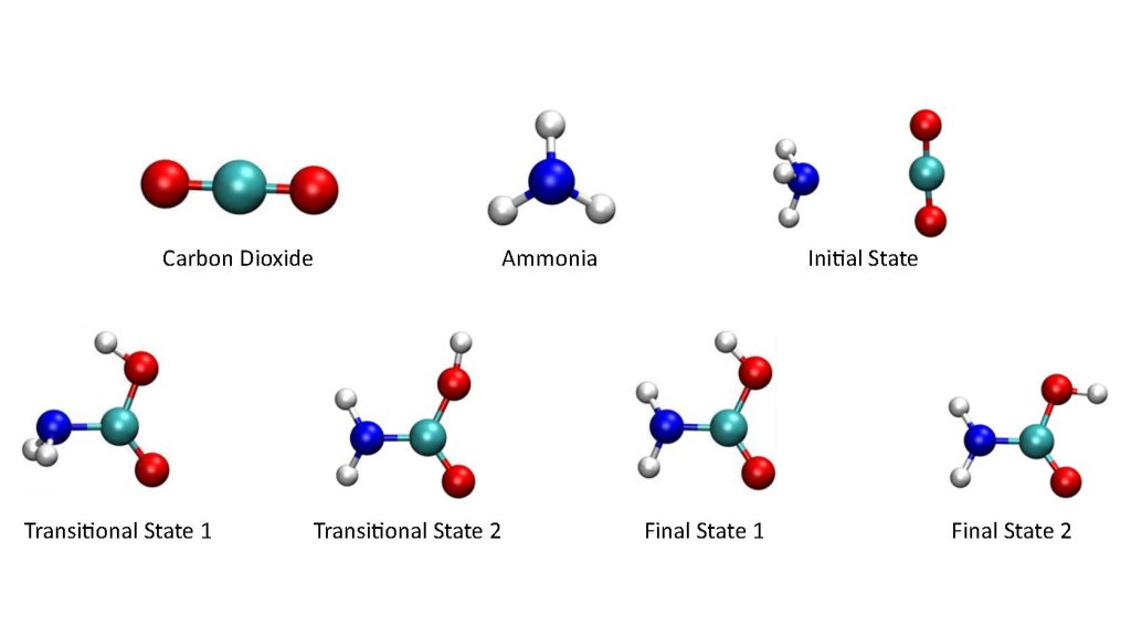 Molecular representations of a simple reaction involving carbon dioxide and ammonia. Credit: Nguyen et al.