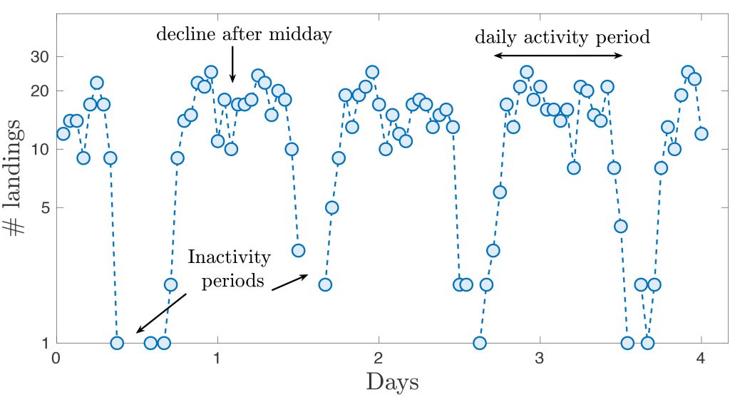 This graph depicts four days of hourly landing volumes at Milan Malpensa airport, as well as daily oscillations between inactivity periods at night and decreased activity after midday. Credit: Felipe Olivares