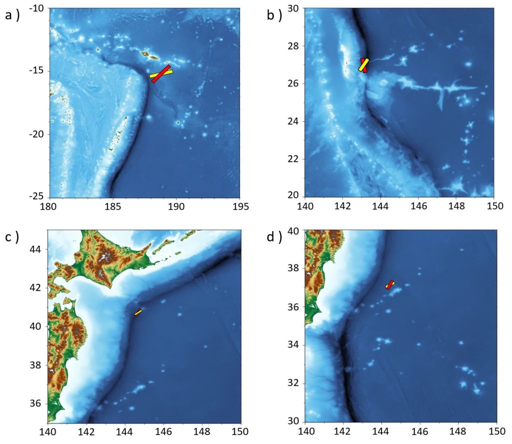 Four different past earthquake scenarios associated with tsunami events. The red and yellow rectangles represent the projected earthquake dimensions, locations, and orientations retrieved by the proposed inverse model for acoustic radiation.