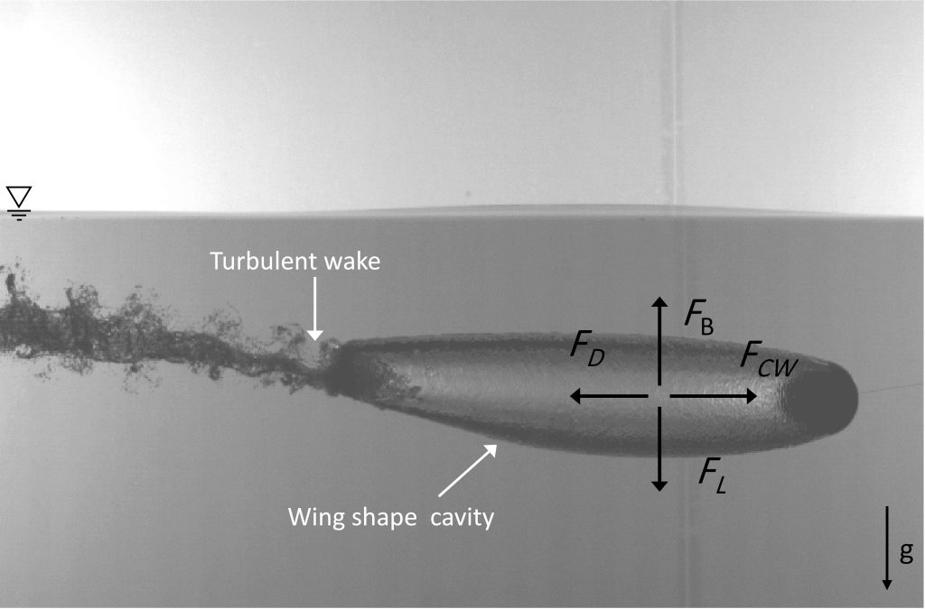 Grayscale video screenshot showing a horizontal sphere with attached air cavity formation.