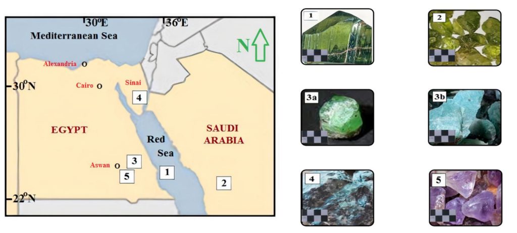 Map of the Arabian-Nubian Shield on the left. Six close-ups of gemstones on the right: peridot, emerald, amazonite, beryl, and amethyst.