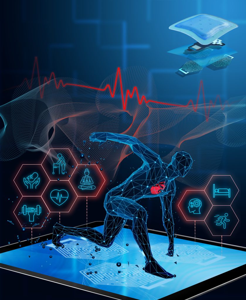 Futuristic design of person crouching to start to run, with symbols of good health surrounding it.