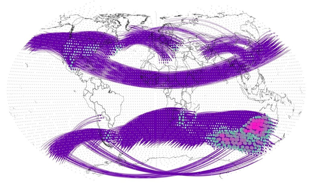 Map of the world with purple lines connecting various regions in the Northern Hemisphere and in the Southern Hemisphere, with dots of different colors in Australia and the Southern Ocean and in North America.