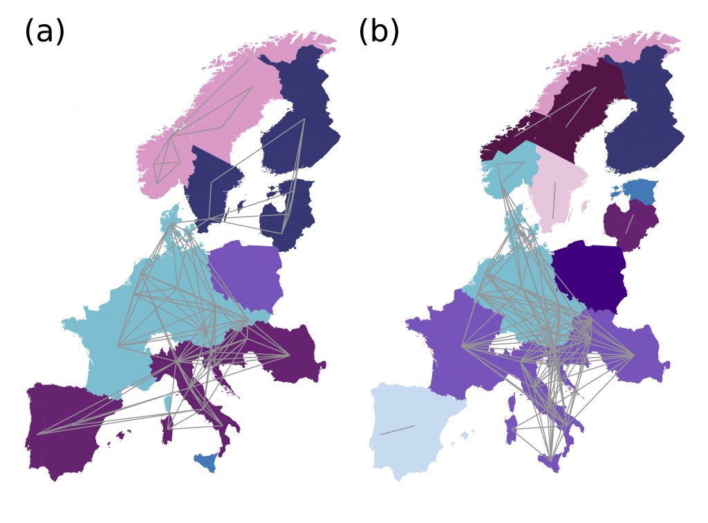 Correlation communities: Panel A depicts pricing before the European electricity crisis, while Panel B shows pricing during it. Credit: Julius Trebbien, Anton Tausendfreund, Leonardo Rydin, and Dirk Witthaut