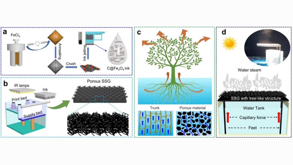 The fabrication and application of MJF-printed SSGs. (a) Synthesis process of the C@Fe3O4 ink for MJF printing. (b) Illustration of the MJF testbed setup and the structure of printed SSGs. (c) Schematic illustration of transpiration in plants and water transport in trunk and porous materials. (d) The illustrated evaporation process of water on the surface of MJF-printed SSG under solar irradiation.Credit: Yanbei Hou et al.