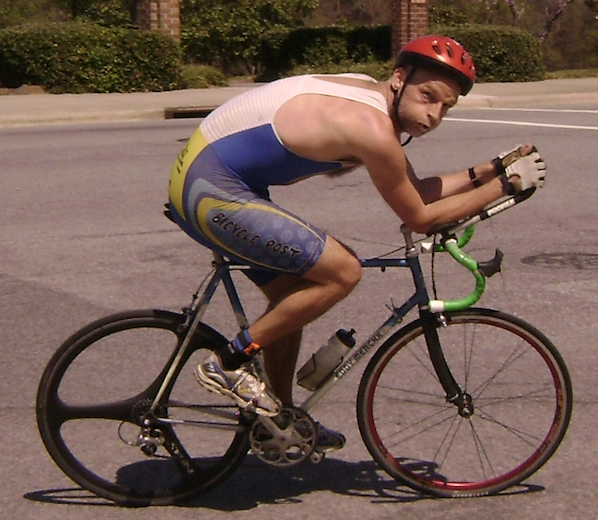 Author Martin Bier in an aerodynamic tuck, a cycling position that reduces wind resistance. Credit: Martin Bier