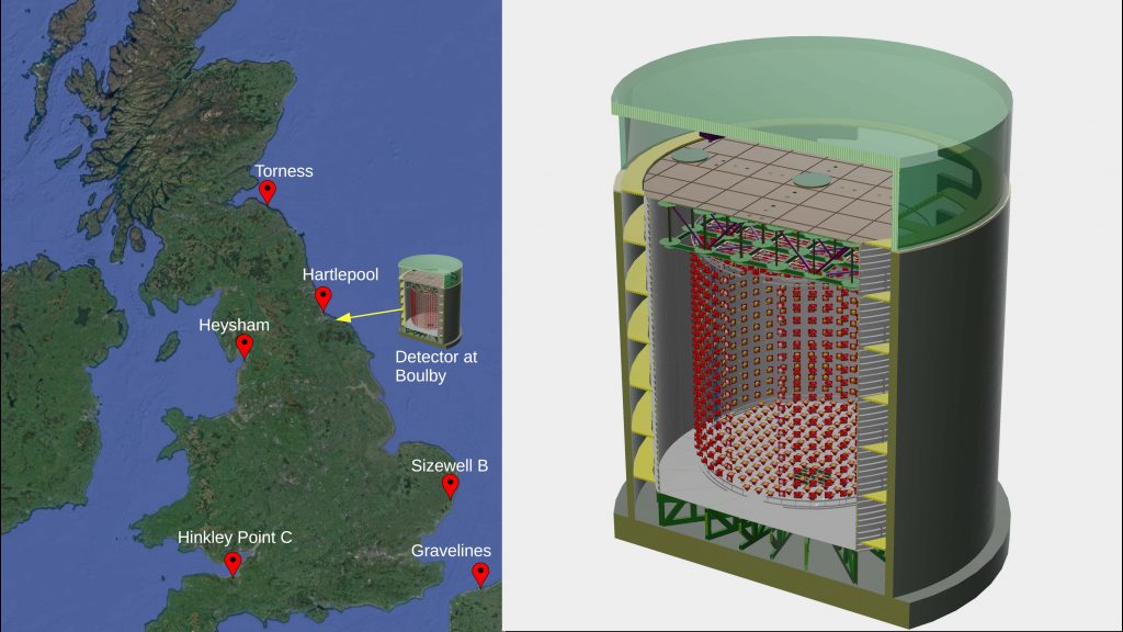 Schematic of the antineutrino detector and reactors in the proposed area it is theoretically able to detect. Credit: Stephen Wilson