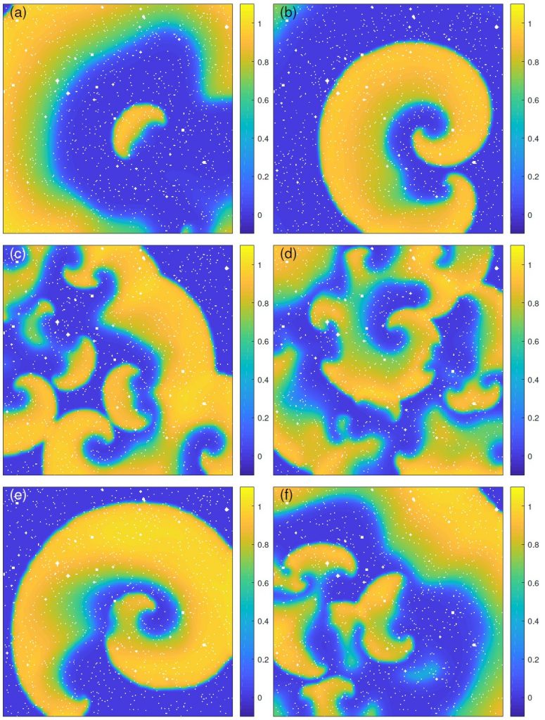 A computer model of the voltage field in a portion of the atria, with each box progressing in time up to 20 seconds after fibrillation begins. The authors discovered adjusting the duration and the smooth variation in time of the voltage supplied by defibrillation devices is a more efficient mechanism that reduces the energy needed to stop fibrillation by three orders of magnitude. Credit: Alejandro Garzon and Roman O. Grigoriev