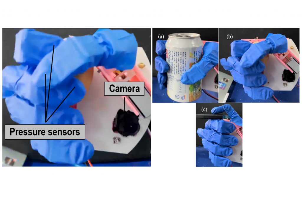Pressure sensors are placed at the fingertips of the prosthetic hand, and a camera near its palm (left). The prosthetic hand was tested on a can, an egg, and a USB stick (right). Credit: Li et al.