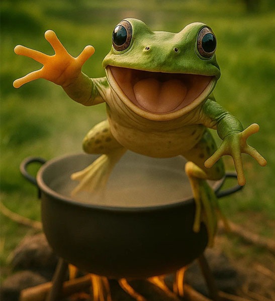 A visual representation of the boiling frog problem generated by Sora, which demonstrates the point of this paper in more than one way: The author’s ability to provide a photo doesn’t prove that he was able to produce it. Credit: Sora (OpenAI)