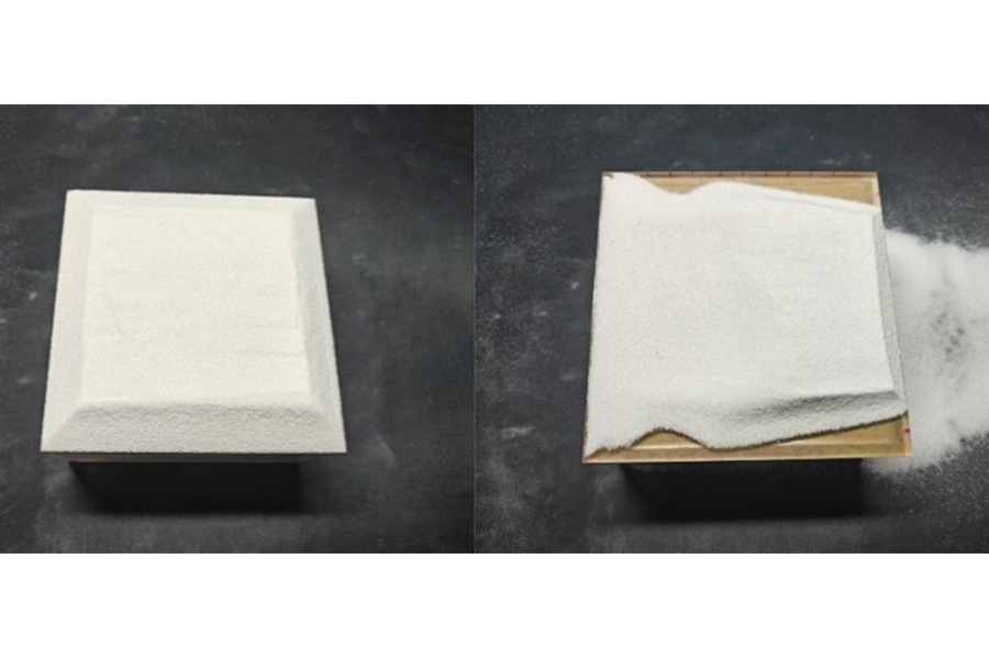 A demonstration of snow gathering on a roof: the initial coverage (left) and the redistribution after wind (right). Credit: Yu et al. 