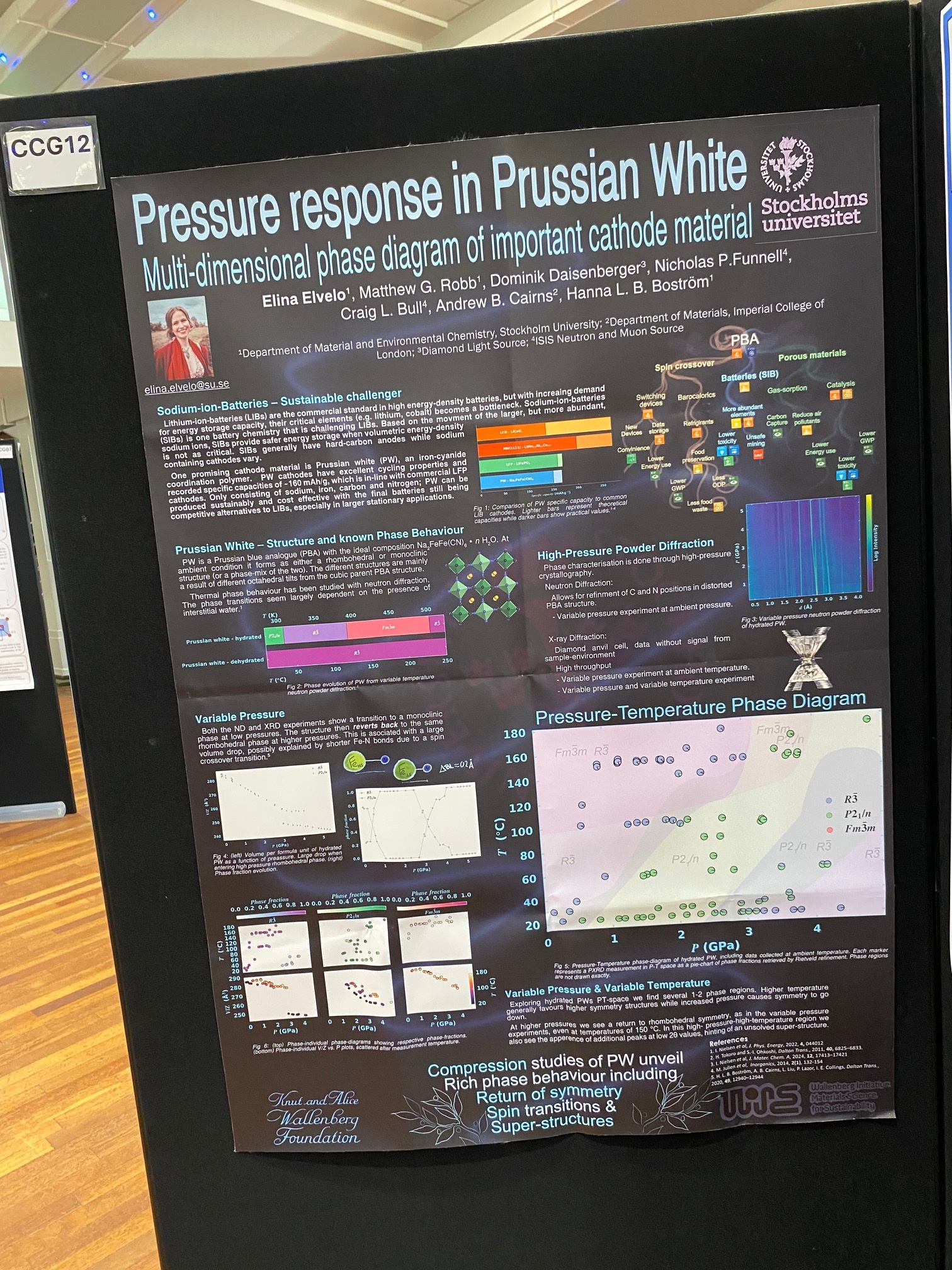 Image of Elina Elvelo's poster: 'Pressure Response in Prussian White: Multi-Dimensional Phase Diagram of an Important Cathode Material.'