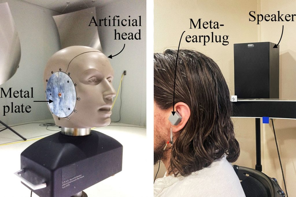 The authors tested the 3D-printed meta-earplug on an artificial head and a group of human participants, demonstrating an effective reduction in low-frequency sound. Credit: Carillo et al.
