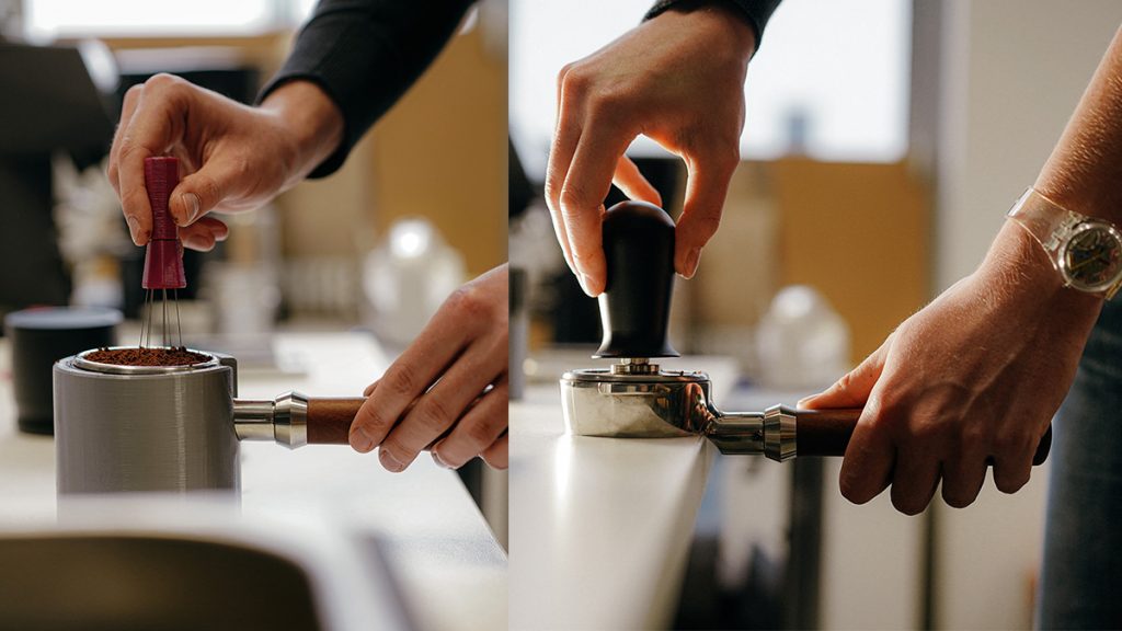 To prepare the espresso puck for brewing, baristas first evenly distribute coffee grounds (left) and then tamp the coffee into the basket to remove air (right). Credit: Mirek Kaźmierczak