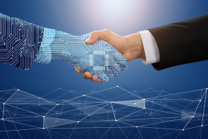 Digital AI hand shaking a human hand over a blue digital background